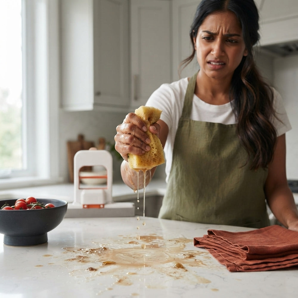 A person wiping a kitchen counter with a dripping, dirty sponge, highlighting the mess of traditional manual cleaning.