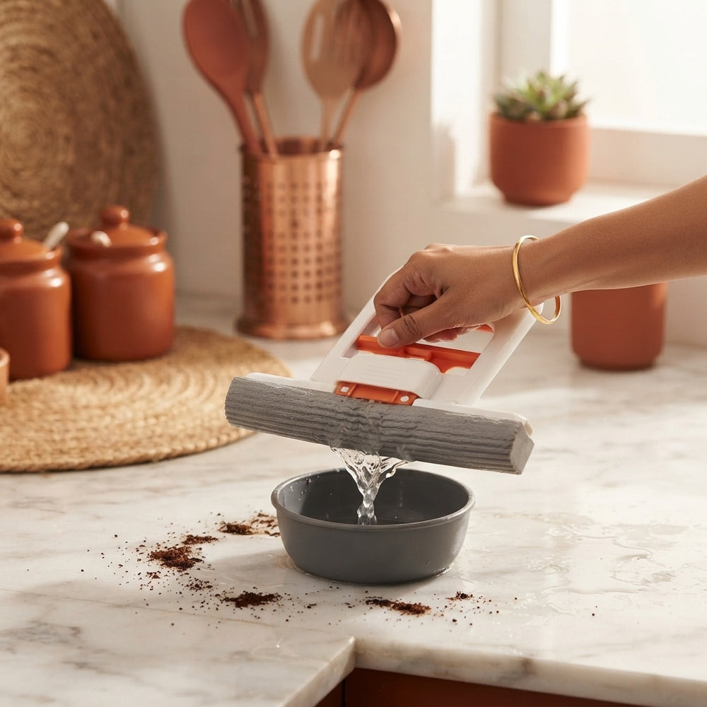 A person using a mini self-squeeze sponge mop to clean a kitchen countertop in a home setting.